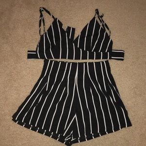 Strip Bow Tie Open Back Crop Cami Top With Shorts